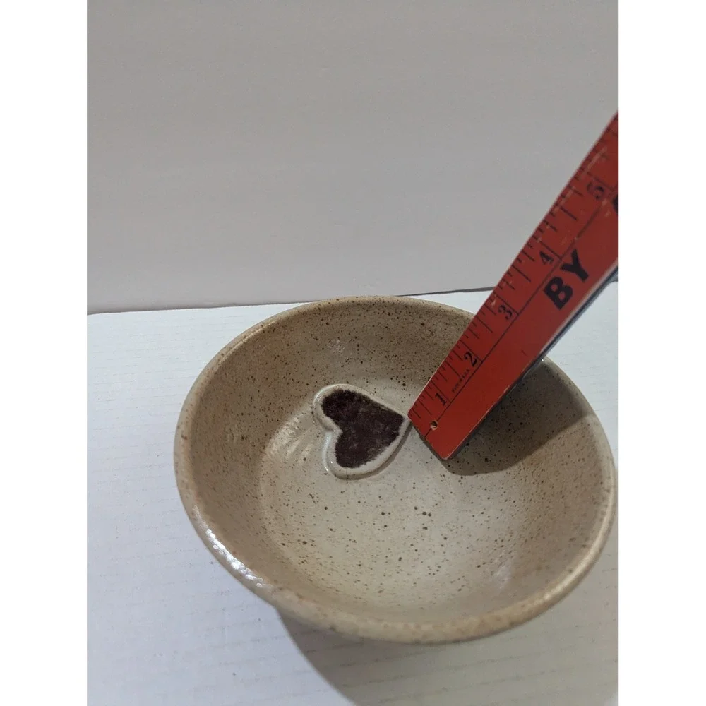 Handmade‎ Studio Pottery Heart Bowl Speckled Tan Ceramic Artist Signed BM